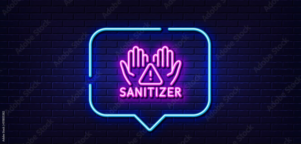 Neon light speech bubble. Clean hands line icon. Sanitary cleaning sign. Washing hands symbol. Neon light background. Clean hands glow line. Brick wall banner. Vector Neon light speech bubble. Clean hands line icon. Sanitary cleaning sign. Washing hands symbol. Neon light background. Clean hands glow line. Brick wall banner. Vector