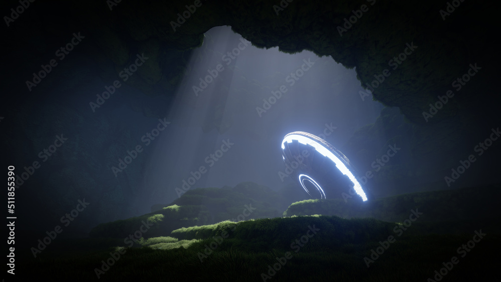 3d render. UFO in an ancient huge cave in the rays of light.