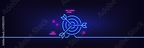 Neon light glow effect. Target line icon. Marketing targeting strategy symbol. Aim with arrows sign. 3d line neon glow icon. Brick wall banner. Target outline. Vector
