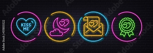 Love letter, Love night and Kiss me minimal line icons. Neon laser 3d lights. For web, application, printing. Valentine mail, Romantic evening, Valentines day. Neon lights buttons. Vector