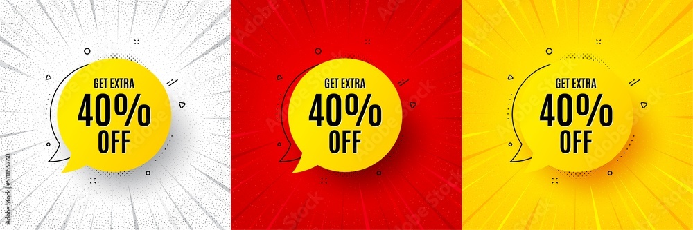Get 40 percent off bubble banner. Flash offer banner, coupon or poster. Discount sticker shape. Sale badge icon. Sale bubble promo banner. Retail marketing flyer. Starburst pop art. Vector - obrazy, fototapety, plakaty 