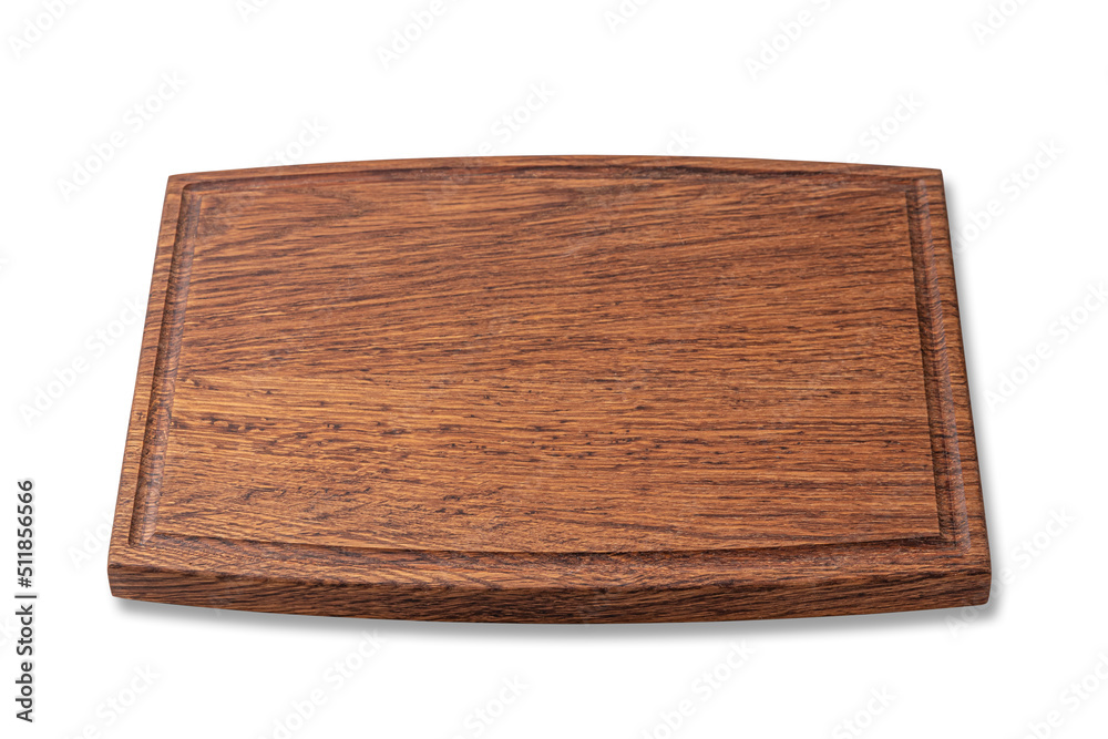 wooden cutting board with edging isolated on a white background. mockup of a food background with copy space, side view wooden cutting board with edging isolated on a white background. mockup of a food background with copy space, side view