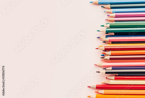 Colored pencil set, sharpened pencils of different colors. Copy space. Back to school