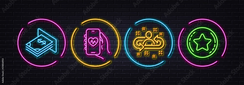 Atm money, Recruitment and Health app minimal line icons. Neon laser 3d lights. Loyalty star icons. For web, application, printing. Dollar currency, Manager change, Medical application. Vector