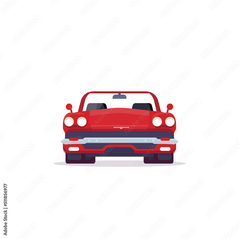Front view of red muscle sport car from 60s. Vehicle and transport banner. Retro style old cabrio car from 60s. Red cabriolet with lights, big grill and shiny bumper. - obrazy, fototapety, plakaty 