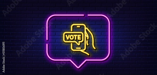 Neon light speech bubble. Online voting line icon. Internet vote sign. Web election symbol. Neon light background. Online voting glow line. Brick wall banner. Vector