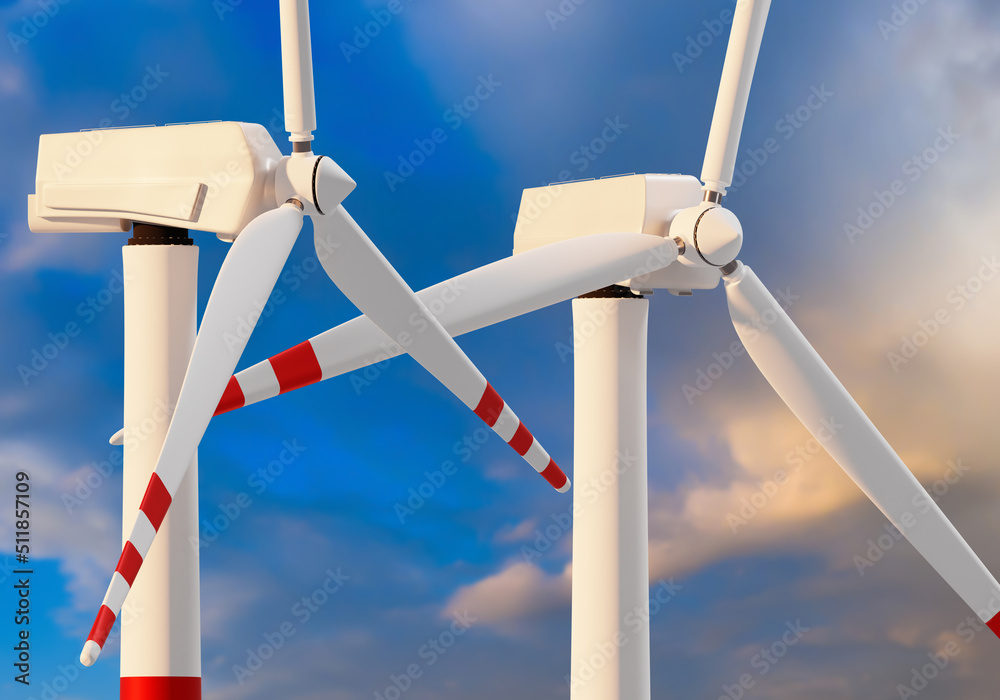 Two wind generators. Windmills against sky. Extraction of electricity from natural sources. Generation of electricity from wind. Wind turbines for taking care of environment. Selective focus Two wind generators. Windmills against sky. Extraction of electricity from natural sources. Generation of electricity from wind. Wind turbines for taking care of environment. Selective focus