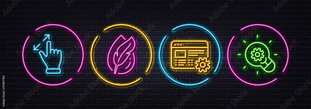 Touchscreen gesture, Web settings and Hypoallergenic tested minimal line icons. Neon laser 3d lights. Innovation icons. For web, application, printing. Zoom in, Engineering tool, Feather. Vector Touchscreen gesture, Web settings and Hypoallergenic tested minimal line icons. Neon laser 3d lights. Innovation icons. For web, application, printing. Zoom in, Engineering tool, Feather. Vector