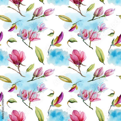 Seamless pattern with flowers and leaves of magnolia on a white background. The illustration is drawn in watercolor by hand. Can be used for fabric  postcards  pretty wrappers  wrapping paper.