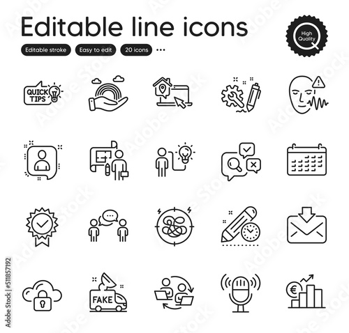 Set of Education outline icons. Contains icons as Voice wave  Stress and Business idea elements. Fake news  Project deadline  Certificate web signs. Microphone  Cloud protection. Vector