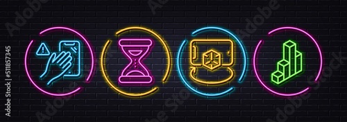 Time, Augmented reality and Dont touch minimal line icons. Neon laser 3d lights. 3d chart icons. For web, application, printing. Clock, Phone simulation, Clean phone. Presentation column. Vector
