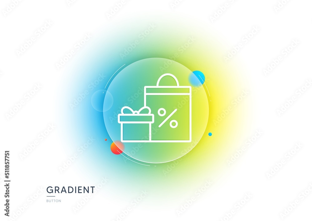 Gift box with Shopping bag line icon. Gradient blur button with glassmorphism. Present or Sale sign. Birthday Shopping with Discounts symbol. Package in Gift Wrap. Transparent glass design. Vector Gift box with Shopping bag line icon. Gradient blur button with glassmorphism. Present or Sale sign. Birthday Shopping with Discounts symbol. Package in Gift Wrap. Transparent glass design. Vector