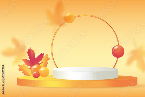 Round display podium mockup with blurred leaves on a background. Orange geometric rendering platform for sale banner or advertisement