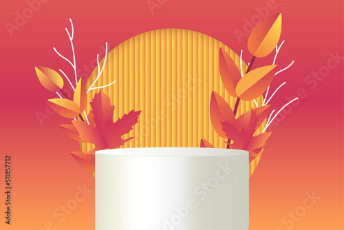 White pedestal podium with pink and orange autumn leaves and gradient background. Cylinder pedestal mockup for prosuct showcase