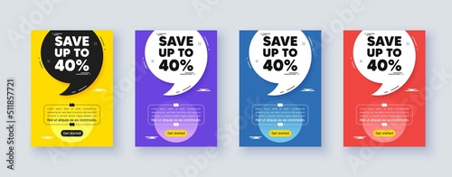 Poster frame with quote, comma. Save up to 40 percent. Discount Sale offer price sign. Special offer symbol. Quotation offer bubble. Discount message. Vector