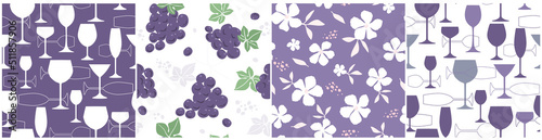 Abstract contemporary seamless pattern set with silhouettes of wine glasses of different shapes, bunches of grapes, flowers with leaves. Transparent drinking utensils. Vector graphics.