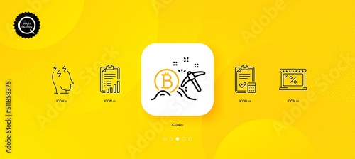 Stress, Accounting checklist and Bitcoin mining minimal line icons. Yellow abstract background. Checklist, Market icons. For web, application, printing. Vector