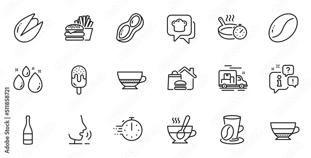 Outline set of Cooking hat, Frying pan and Peanut line icons for web application. Talk, information, delivery truck outline icon. Include Ice cream, Champagne bottle, Coffee cup icons. Vector