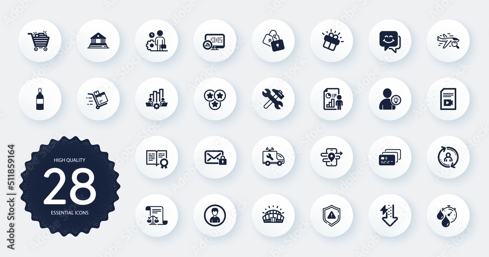 Set of Business icons, such as Court building, Report statistics and Locks flat icons. Energy drops, Wine bottle, Teamwork chart web elements. Legal documents, Sports stadium, Employee signs. Vector Set of Business icons, such as Court building, Report statistics and Locks flat icons. Energy drops, Wine bottle, Teamwork chart web elements. Legal documents, Sports stadium, Employee signs. Vector
