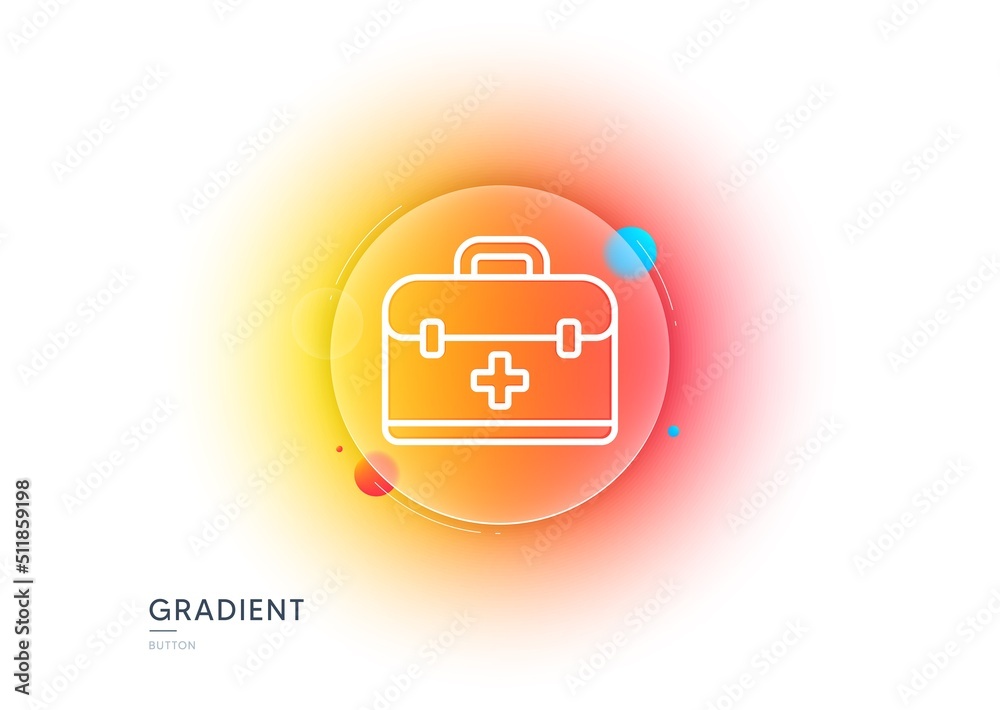 First aid kit line icon. Gradient blur button with glassmorphism. Medical case sign. Transparent glass design. First aid line icon. Vector First aid kit line icon. Gradient blur button with glassmorphism. Medical case sign. Transparent glass design. First aid line icon. Vector
