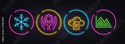 File storage, Snowflake and Employee hand minimal line icons. Neon laser 3d lights. Investment graph icons. For web, application, printing. Cloud computing, Snow, Work gear. Vector