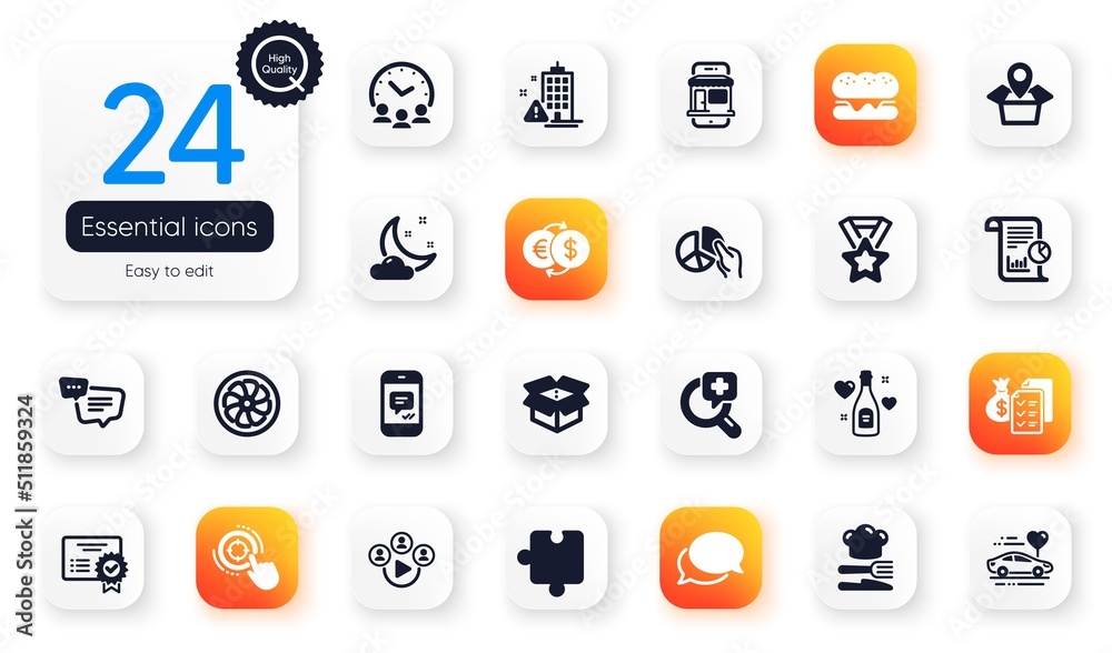 Set of Business flat icons. Text message, Open box and Messenger elements for web application. Fan engine, Building warning, Winner ribbon icons. Puzzle, Meeting time, Certificate elements. Vector Set of Business flat icons. Text message, Open box and Messenger elements for web application. Fan engine, Building warning, Winner ribbon icons. Puzzle, Meeting time, Certificate elements. Vector