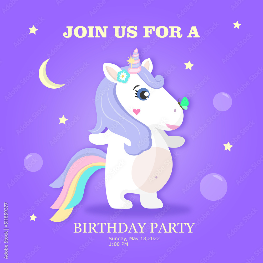 Birthday party invitation with baby unicorn. Vector illustration.