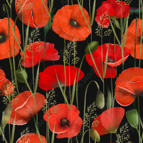 seamless-pattern-of-red-poppies-and-meadow-plants-illustration-on-dark-background