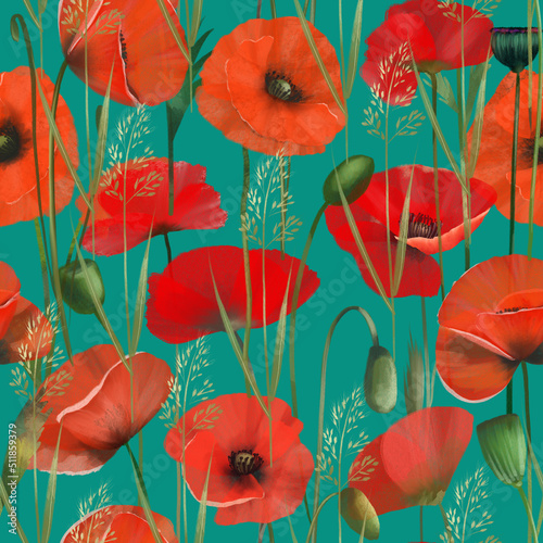 seamless-pattern-of-red-poppies-and-meadow-plants-illustration-on-bright-green-background
