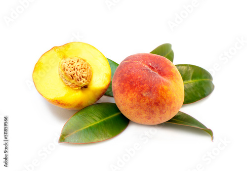 Fruit. Ripe peach fruit highlighted on a white background. Close-up photo. 