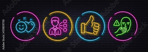 Like hand, Smile and Third party minimal line icons. Neon laser 3d lights. Dont touch icons. For web, application, printing. Thumbs up, Social media like, Team leader. Clean hand. Vector