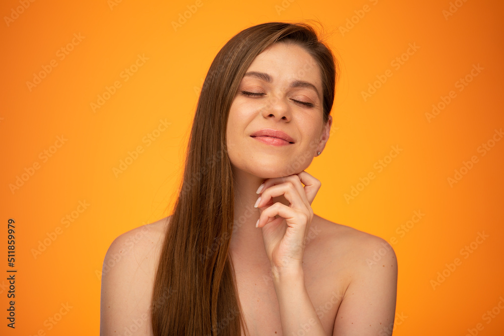Happy Dreaming woman with long hair and bared shoulders posing with closed eyes. Isolated female person portrait. Happy Dreaming woman with long hair and bared shoulders posing with closed eyes. Isolated female person portrait.