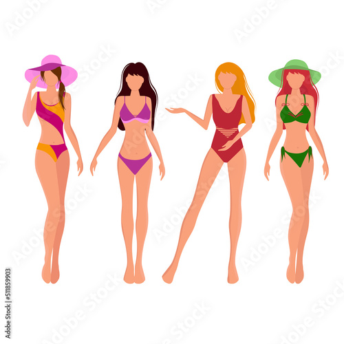 A set of girls in swimsuits and hats. Vector