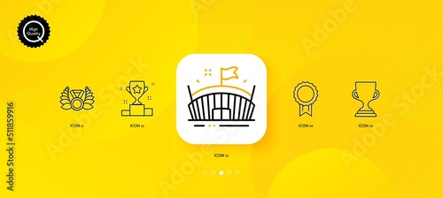 Award cup, Winner cup and Reward minimal line icons. Yellow abstract background. Laureate medal, Arena icons. For web, application, printing. Trophy, Best medal, Laurel wreath. Sport stadium. Vector