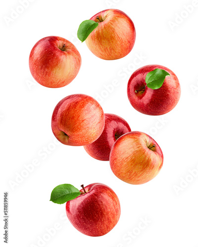 Falling Red apple isolated on white background, clipping path, full depth of field