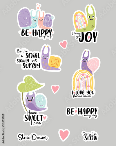 Set of vector stickers with cute snails and funny phrases about love and molluscs. Snails in love, happy mollusk on rainbow and insect with leaf. Isolated elements for design, decor, print, decoration