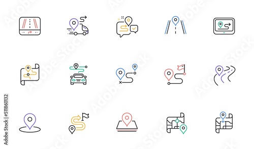 Road map line icons. Journey path, Route map and Trip distance. GPS street pin, Car route and Distance flag icons. Road trip, highway traffic and journey travel map. Navigation target pointer. Vector