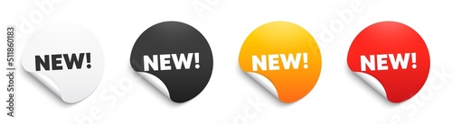 New text. Round sticker badge with offer. Special offer sign. New arrival symbol. Paper label banner. Arrivals adhesive tag. Vector