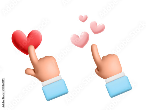 Set of 3d vector pointing at pink and red hearts hands gesture illustration. Click or touch hand gesture cursor design symbol.