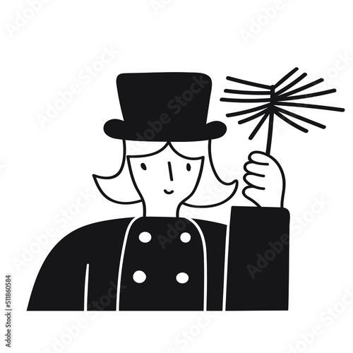 Female chimney sweep. Vector hand drawn outline illustration on white background. 