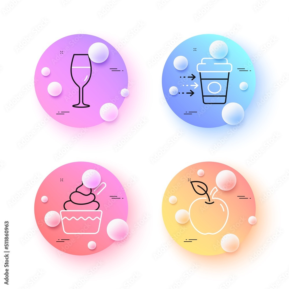 Ice cream, Apple and Wineglass minimal line icons. 3d spheres or balls buttons. Coffee delivery icons. For web, application, printing. Sundae cup, Fruit, Burgundy glass. Soft beverage. Vector Ice cream, Apple and Wineglass minimal line icons. 3d spheres or balls buttons. Coffee delivery icons. For web, application, printing. Sundae cup, Fruit, Burgundy glass. Soft beverage. Vector