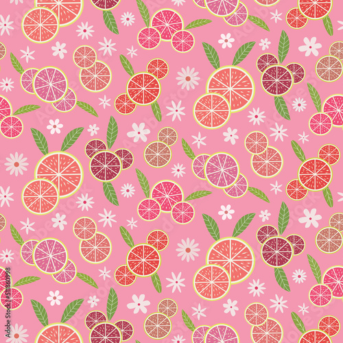 Cute pink lemonade citrus seamless pattern with white flowers and green leaves. For summer textile, fabric and wrapping paper  