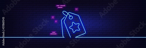 Neon light glow effect. Loyalty star tags line icon. Bonus points. Discount program symbol. 3d line neon glow icon. Brick wall banner. Loyalty tags outline. Vector