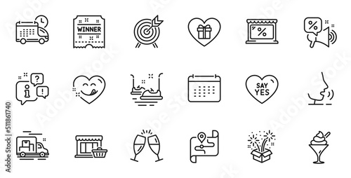 Outline set of Champagne glasses, Say yes and Archery line icons for web application. Talk, information, delivery truck outline icon. Include Yummy smile, Ice cream, Fireworks icons. Vector