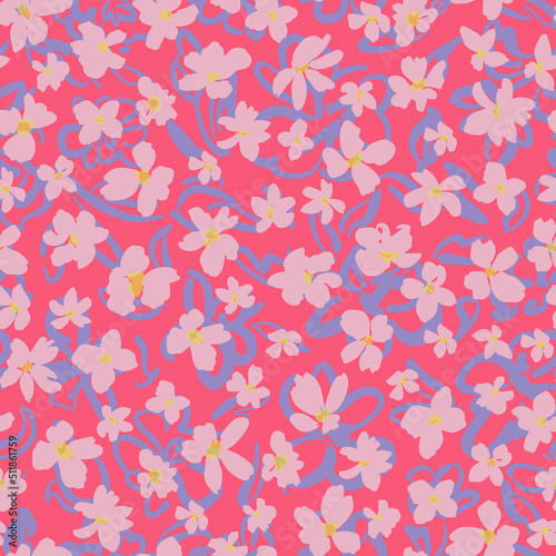 Abstract hand drawn botanical elements over ditsy flowers seamless repeat pattern. Random placed, vector florals all over surface print on pink background.