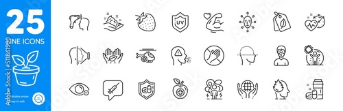 Outline icons set. Myopia  Coronavirus protection and Medical food icons. Fair trade  Medical mask  Cardio training web elements. Leaves  Stress  Strawberry signs. Vaccine message. Vector
