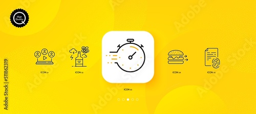 Video conference, Food delivery and Alcohol addiction minimal line icons. Yellow abstract background. Timer, Fingerprint icons. For web, application, printing. Vector