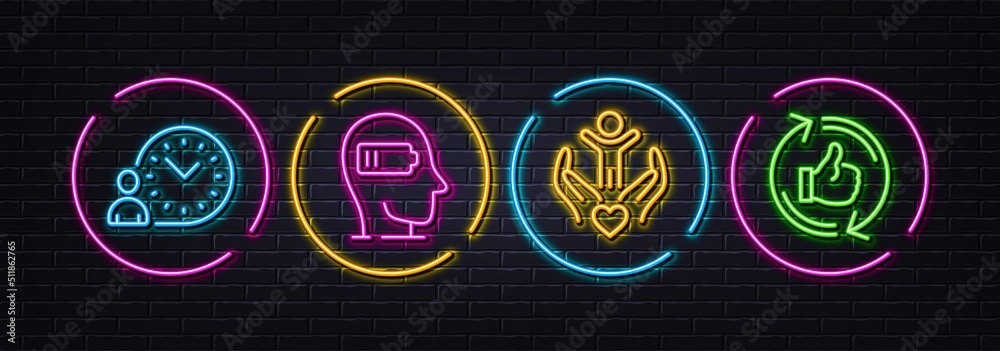 Volunteer, Weariness and Time management minimal line icons. Neon laser 3d lights. Refresh like icons. For web, application, printing. Hospice care, Mind fatigue, Work time. Thumbs up counter. Vector