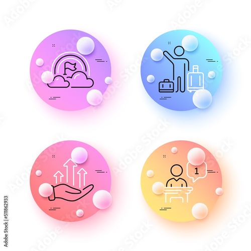 Podium, Lgbt and Airport transfer minimal line icons. 3d spheres or balls buttons. Growth chart icons. For web, application, printing. Conference stage, Rainbow flag, Baggage reclaim. Vector