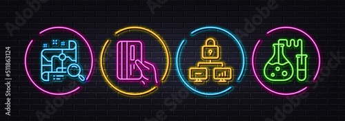 Payment card, Lock and Search map minimal line icons. Neon laser 3d lights. Chemistry lab icons. For web, application, printing. Credit card, Network security, Find address. Laboratory. Vector